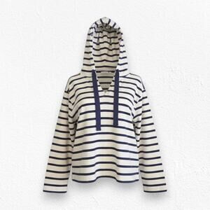 GAP Navy White Striped Hoodie V-Neck Pullover Nautical Style Sweatshirt Size XS